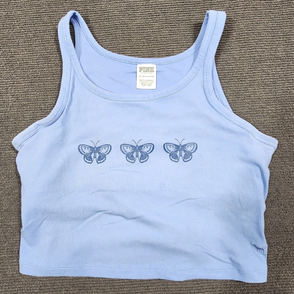 PINK Victoria's Secret Tank Top Womens XL Blue Butterfly Ribbed Cropped Y2K